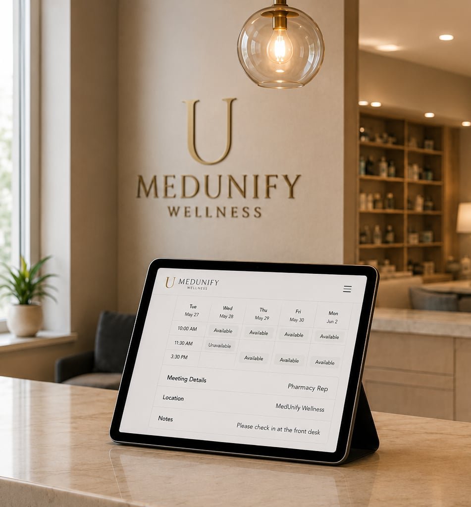 A Prenota booking tablet on the marble front desk of a warm aesthetics clinic lobby